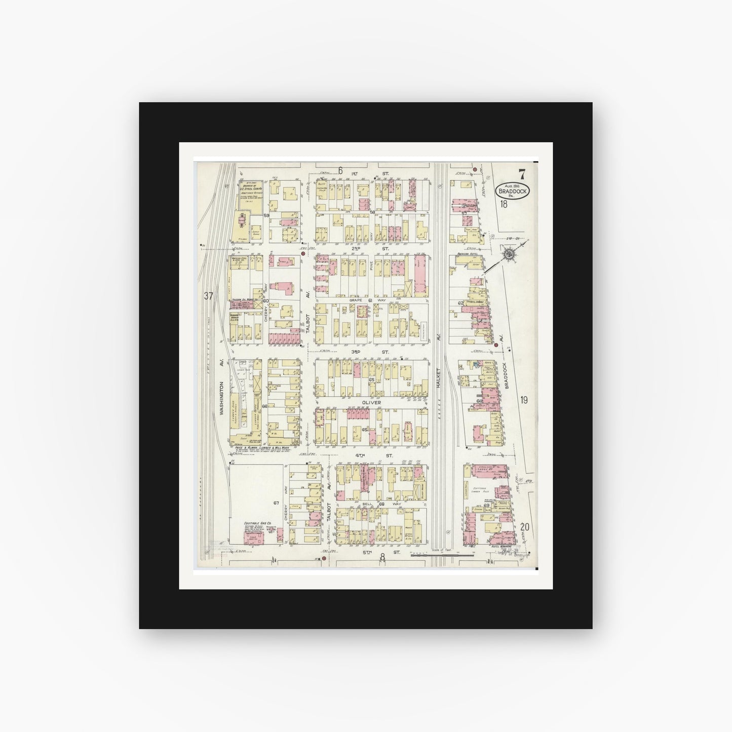 Old map wall art mockup — black gallery frame with white mat — Sanborn Fire Insurance Map from Braddock, Allegheny County, Pennsylvania (1914), Sheet #0007