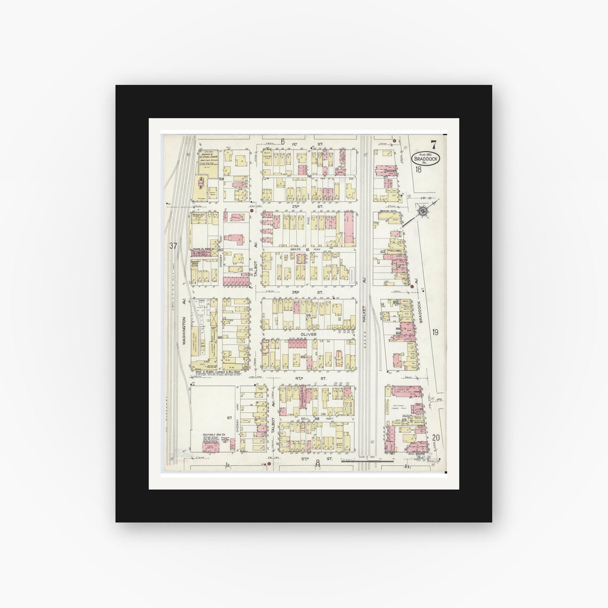 Old map wall art mockup — black gallery frame with white mat — Sanborn Fire Insurance Map from Braddock, Allegheny County, Pennsylvania (1914), Sheet #0007