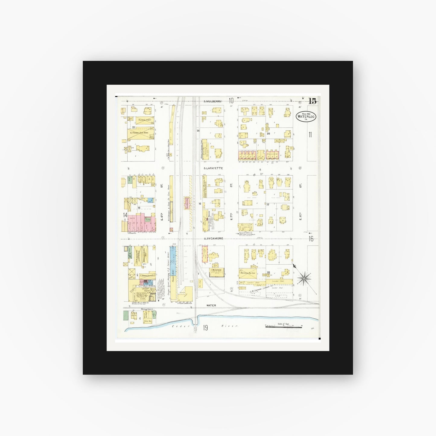 Old map wall art mockup — black gallery frame with white mat — Sanborn Fire Insurance Map from Waterloo, Black Hawk County, Iowa (1906), Sheet #0015