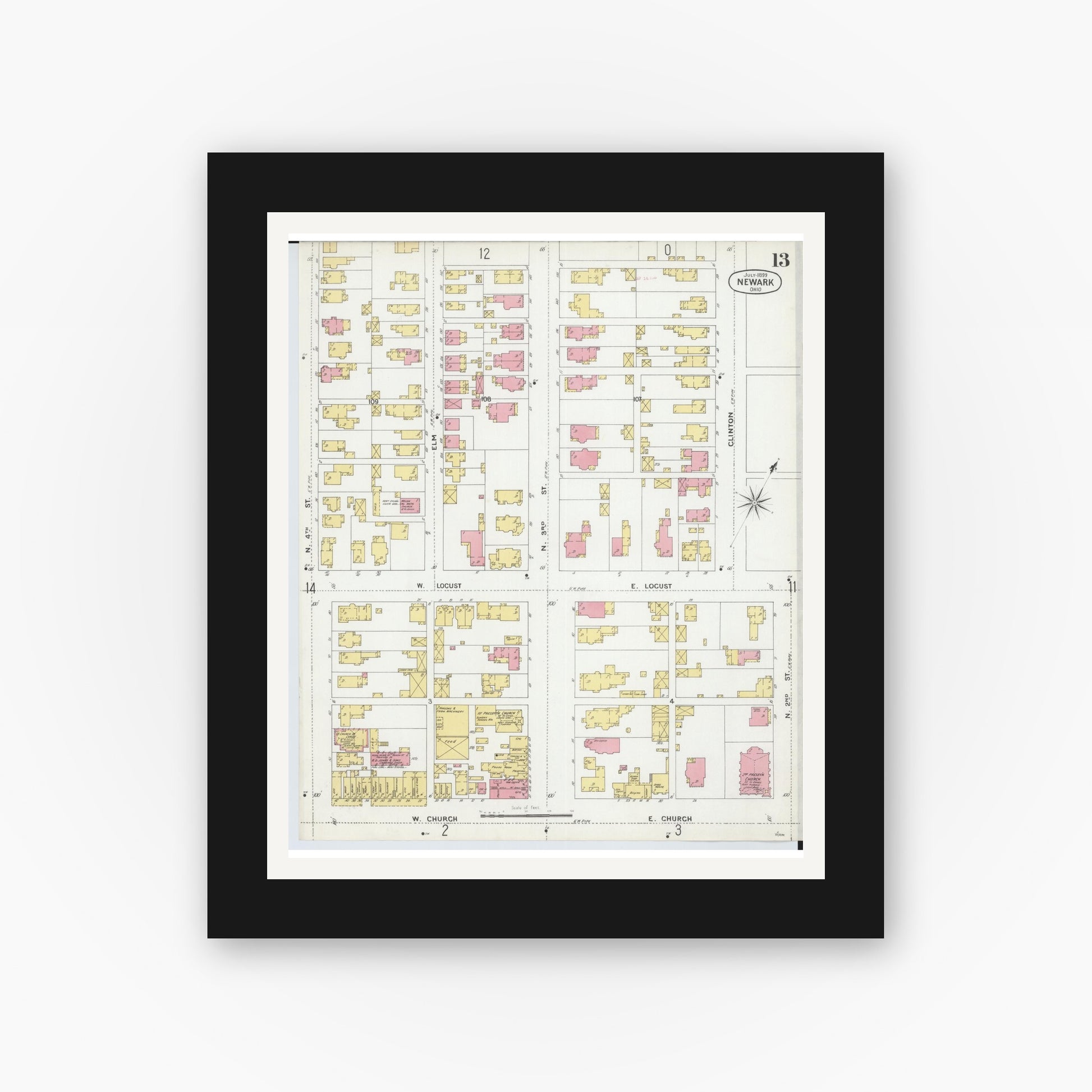 Old map wall art mockup — black gallery frame with white mat — Sanborn Fire Insurance Map from Newark, Licking County, Ohio (1899), Sheet #0013