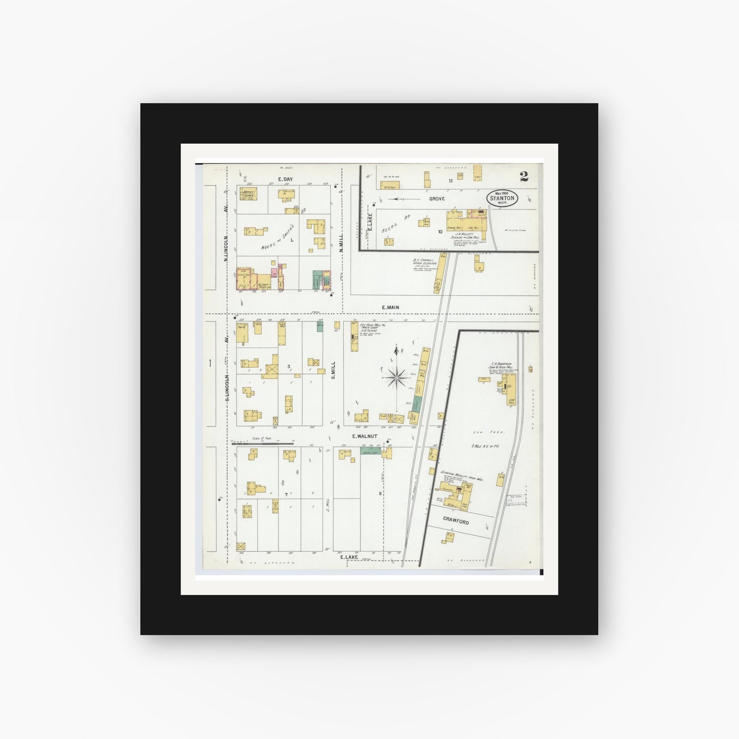 Old map wall art mockup — black gallery frame with white mat — Sanborn Fire Insurance Map from Stanton, Montcalm County, Michigan (1900), Sheet #0002