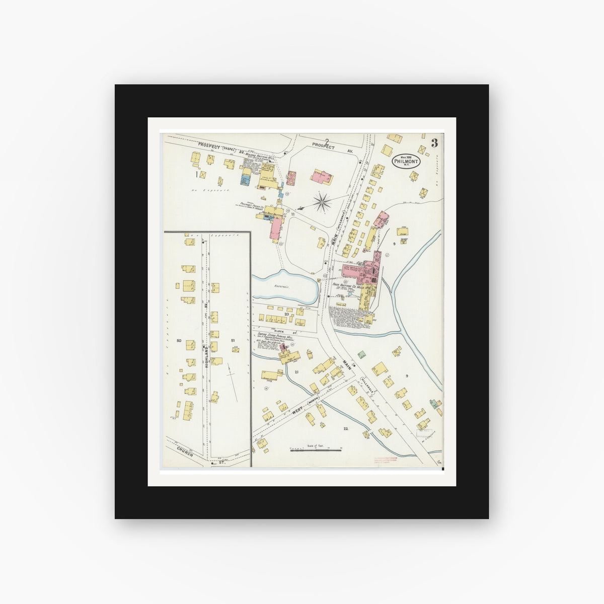 Old map wall art mockup — black gallery frame with white mat — Sanborn Fire Insurance Map from Philmont, Columbia County, New York (1898), Sheet #0003
