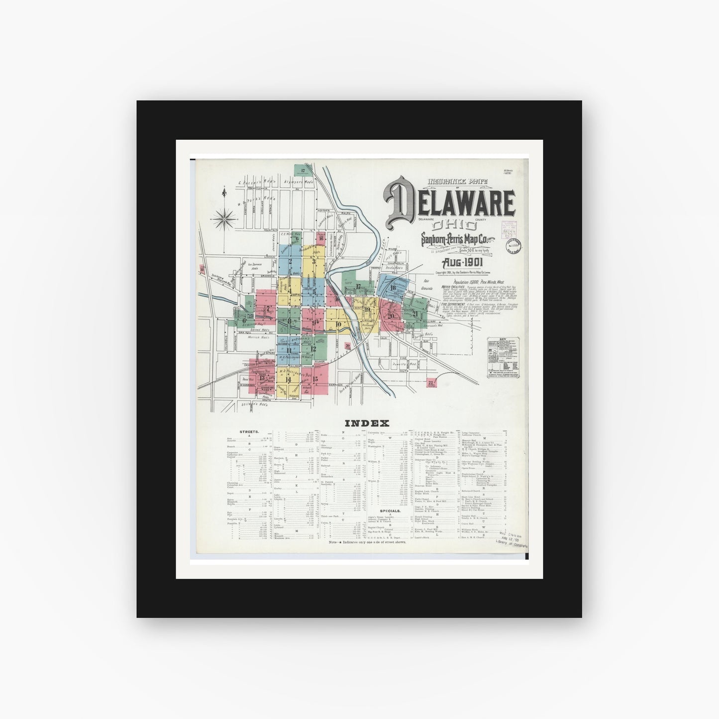 Old map wall art mockup — black gallery frame with white mat — Sanborn Fire Insurance Map from Delaware, Delaware County, Ohio (1901) - Complete Map Set