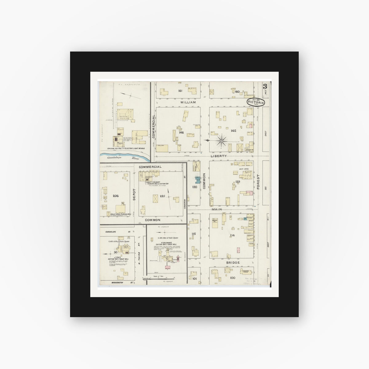 Old map wall art mockup — black gallery frame with white mat — Sanborn Fire Insurance Map from Victoria, Victoria County, Texas (1891), Sheet #0003