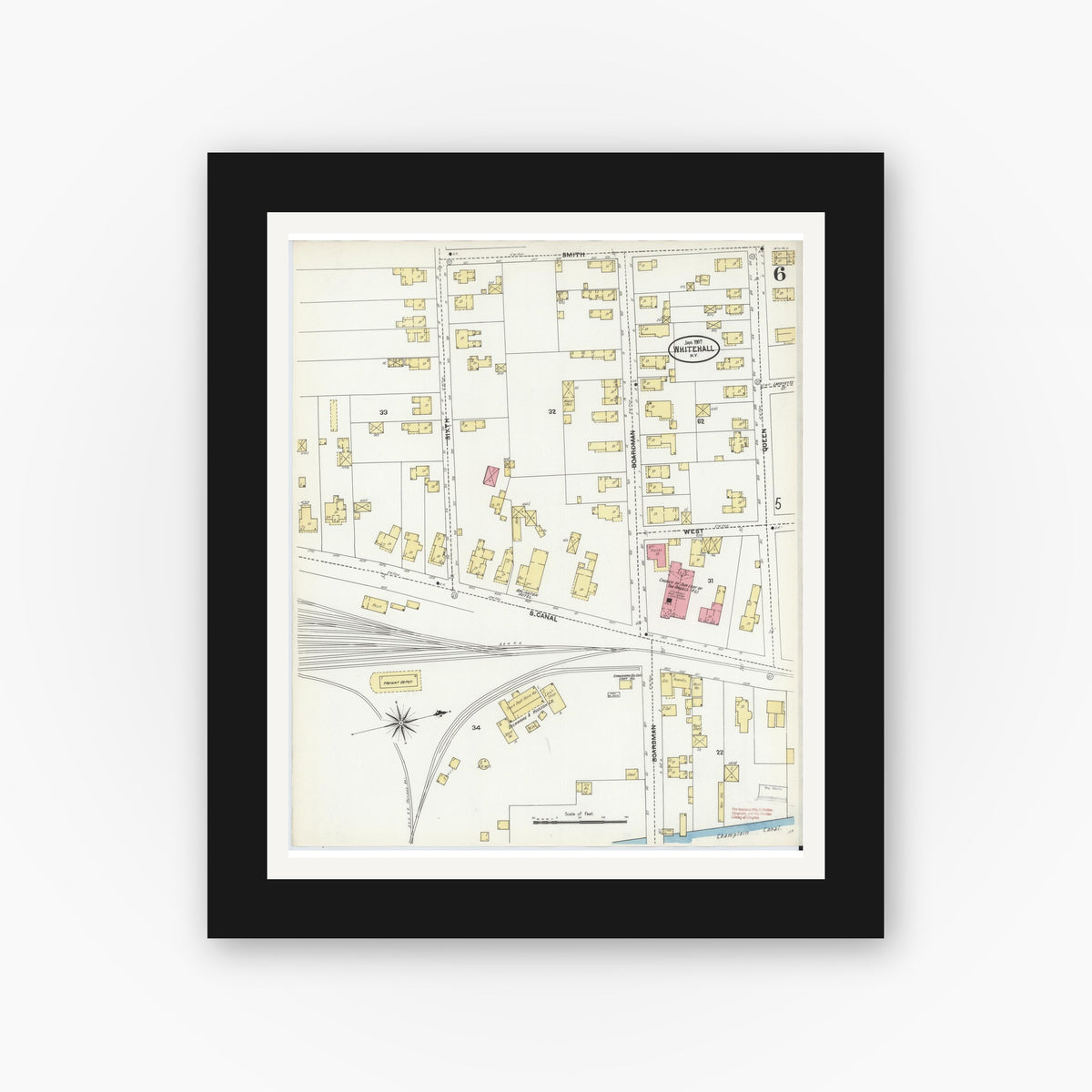 Old map wall art mockup — black gallery frame with white mat — Sanborn Fire Insurance Map from Whitehall, Washington County, New York (1907), Sheet #0006