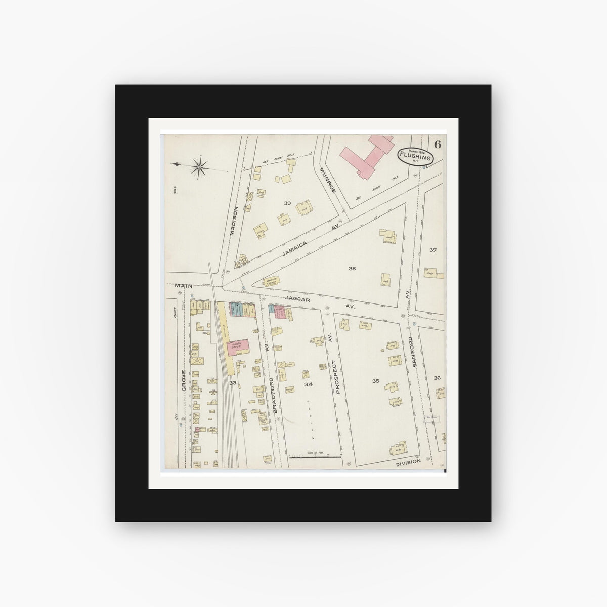 Old map wall art mockup — black gallery frame with white mat — Sanborn Fire Insurance Map from Flushing, Queens County, New York (1886), Sheet #0006
