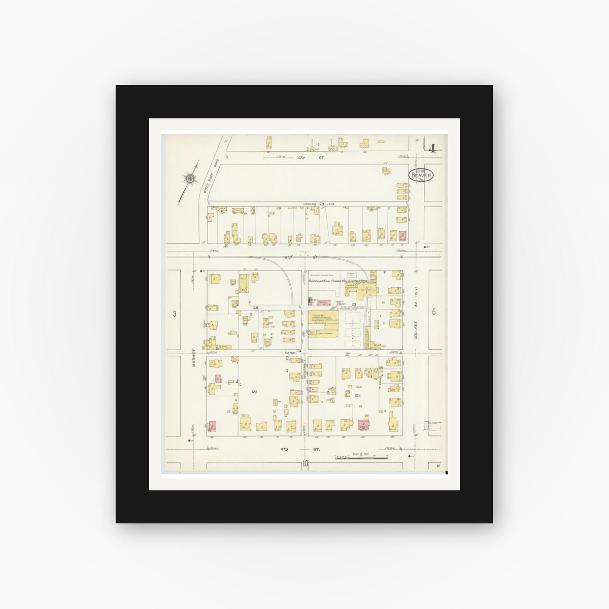 Old map wall art mockup — black gallery frame with white mat — Sanborn Fire Insurance Map from Beaver, Beaver County, Pennsylvania (1912), Sheet #0004