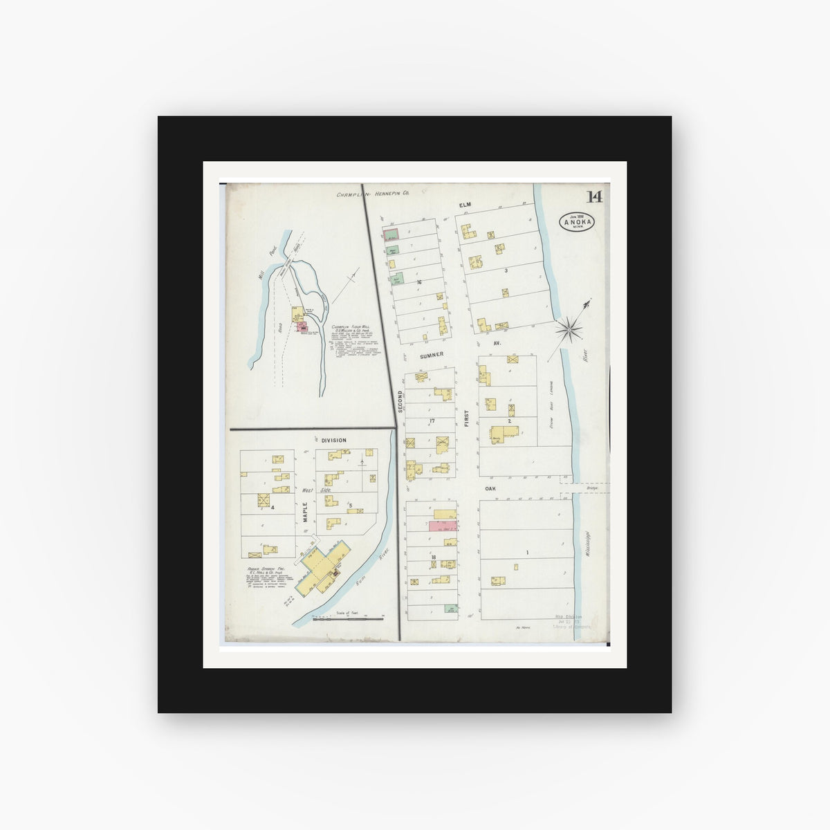 Old map wall art mockup — black gallery frame with white mat — Sanborn Fire Insurance Map from Anoka, Anoka County, Minnesota (1898), Sheet #0014