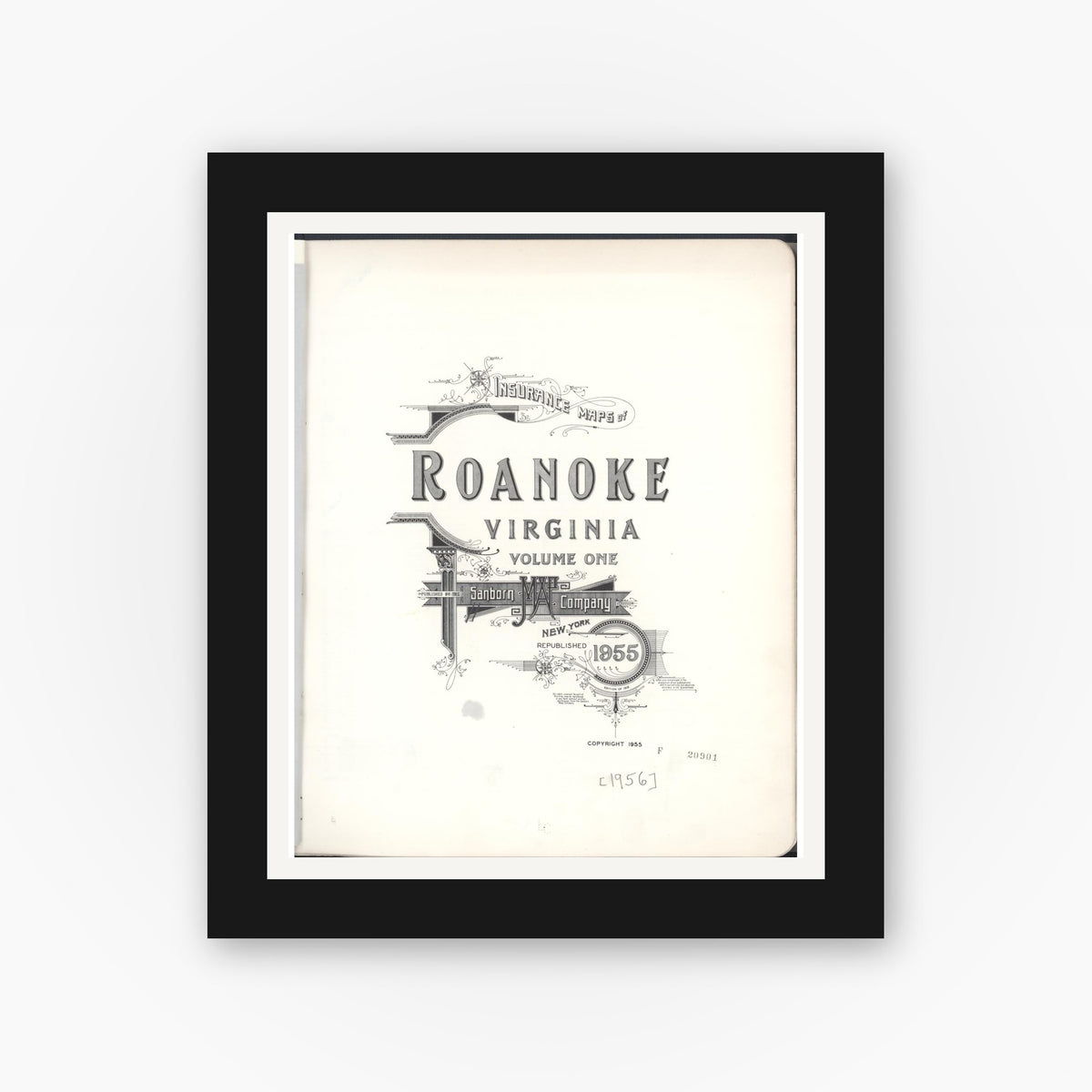 Old map wall art mockup — black gallery frame with white mat — Sanborn Fire Insurance Map from Roanoke, Independent Cities, Virginia (1955), Sheet #0001