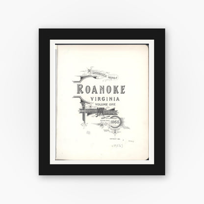 Old map wall art mockup — black gallery frame with white mat — Sanborn Fire Insurance Map from Roanoke, Independent Cities, Virginia (1955), Sheet #0001