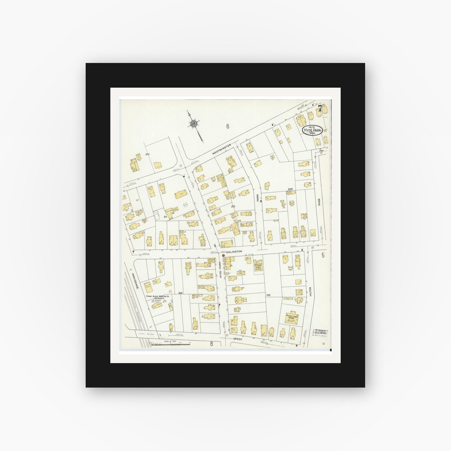 Old map wall art mockup — black gallery frame with white mat — Sanborn Fire Insurance Map from Hyde Park, Norfolk County, Massachusetts (1911), Sheet #0007