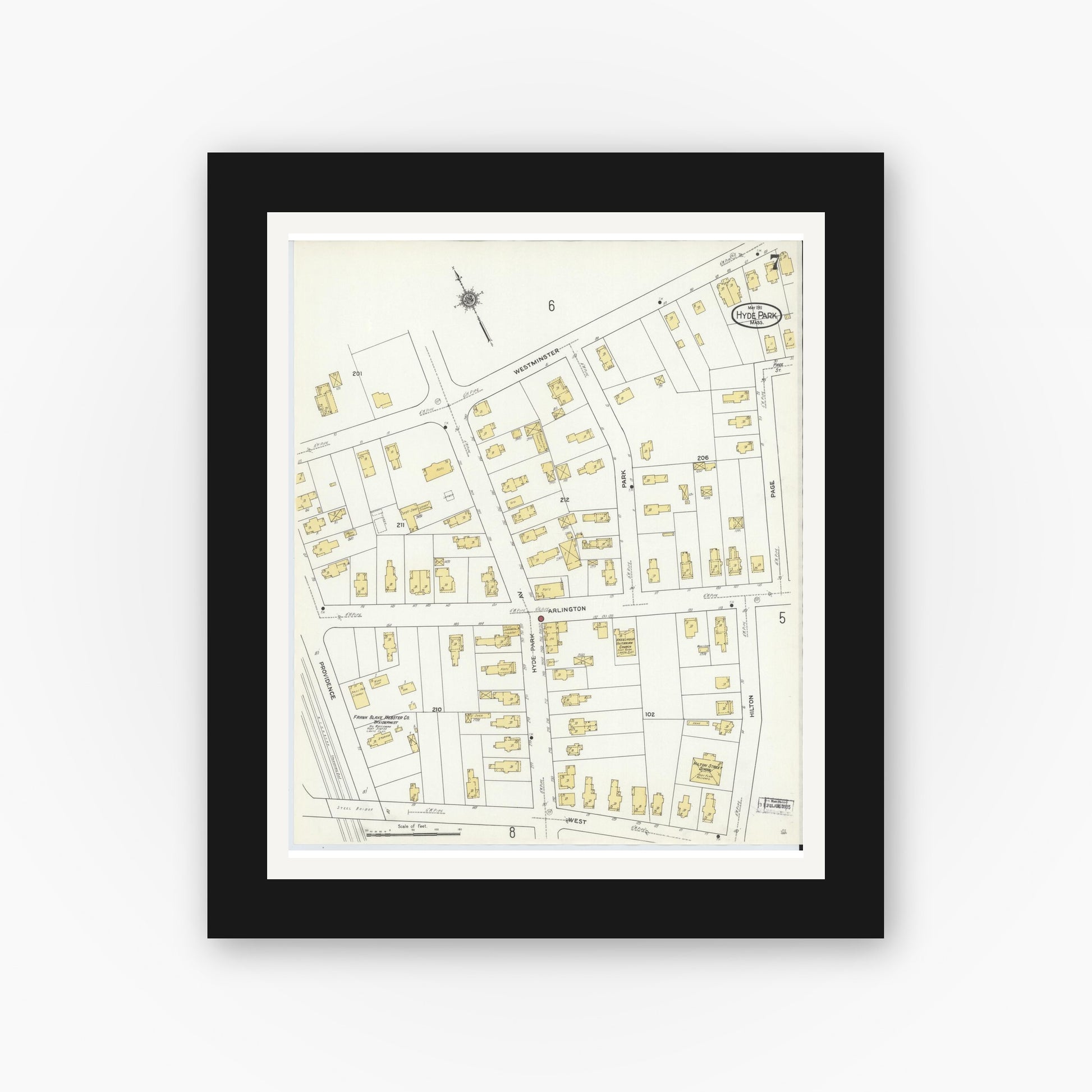Old map wall art mockup — black gallery frame with white mat — Sanborn Fire Insurance Map from Hyde Park, Norfolk County, Massachusetts (1911), Sheet #0007