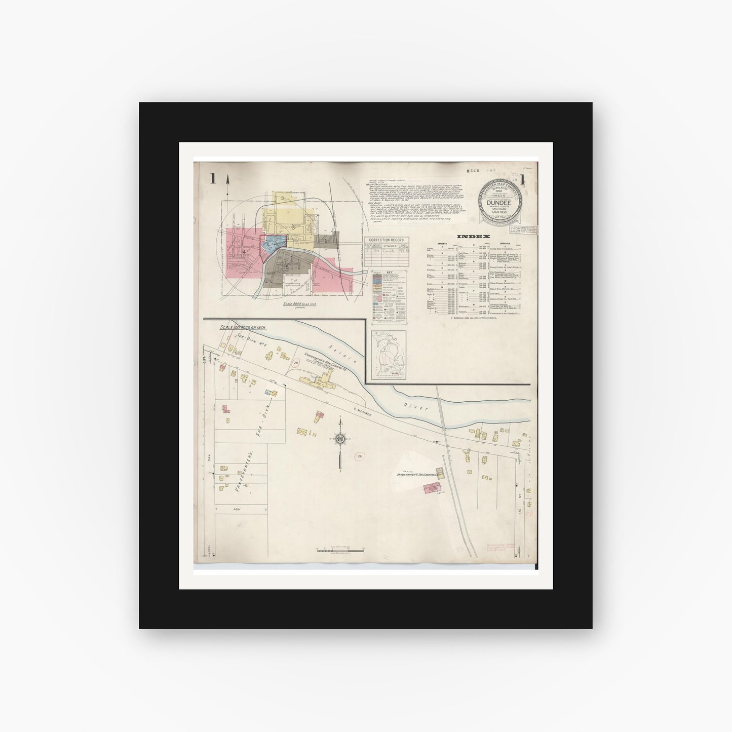 Old map wall art mockup — black gallery frame with white mat — Sanborn Fire Insurance Map from Dundee, Monroe County, Michigan (1949) - Complete Map Set