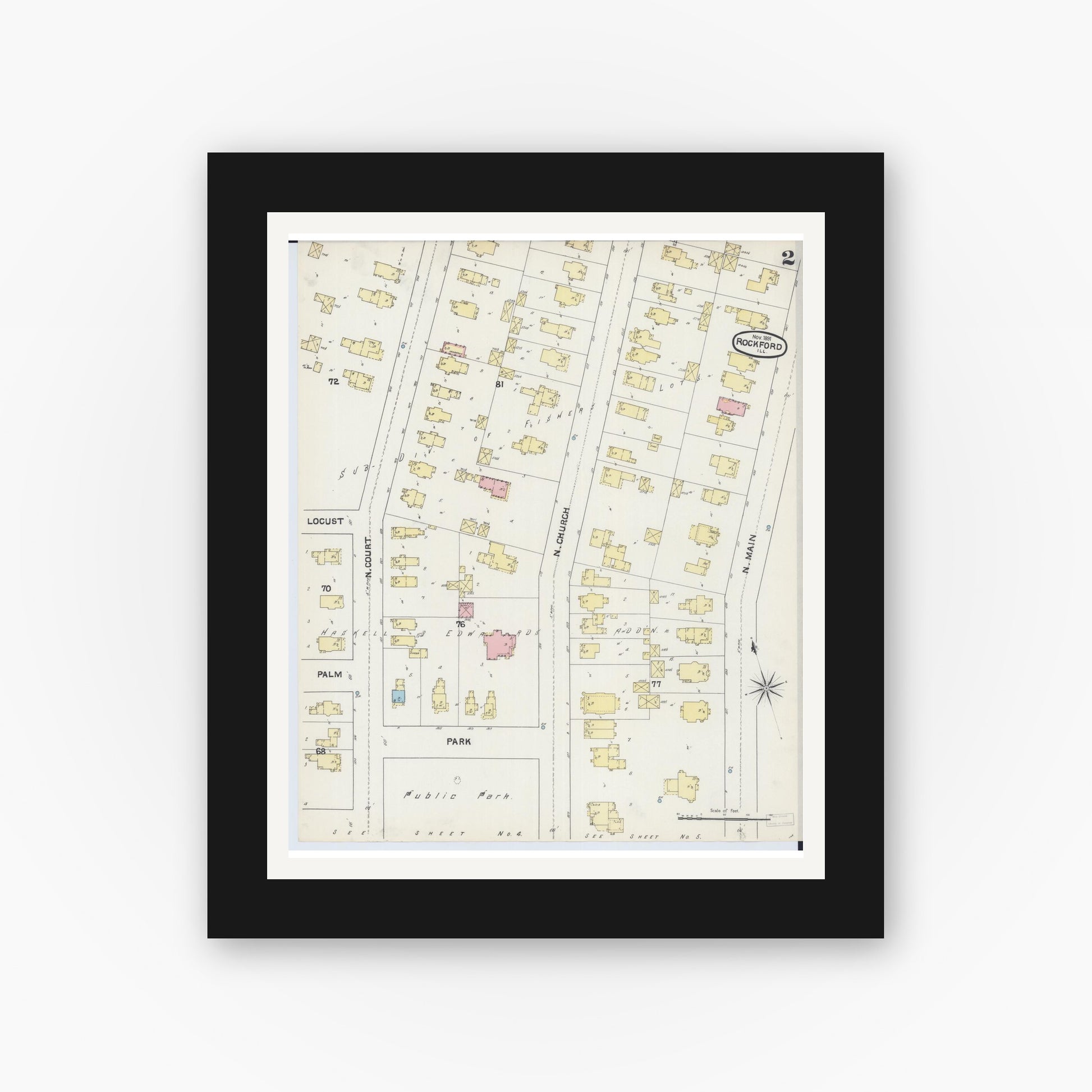 Old map wall art mockup — black gallery frame with white mat — Sanborn Fire Insurance Map from Rockford, Winnebago County, Illinois (1891), Sheet #0002