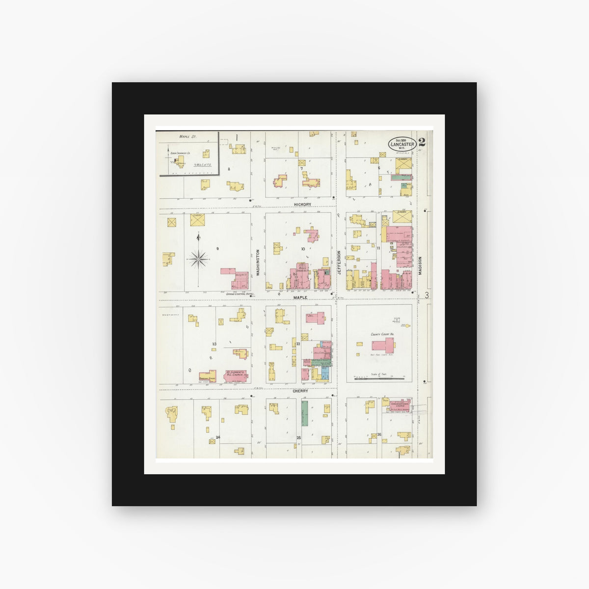 Old map wall art mockup — black gallery frame with white mat — Sanborn Fire Insurance Map from Lancaster, Grant County, Wisconsin (1899), Sheet #0002