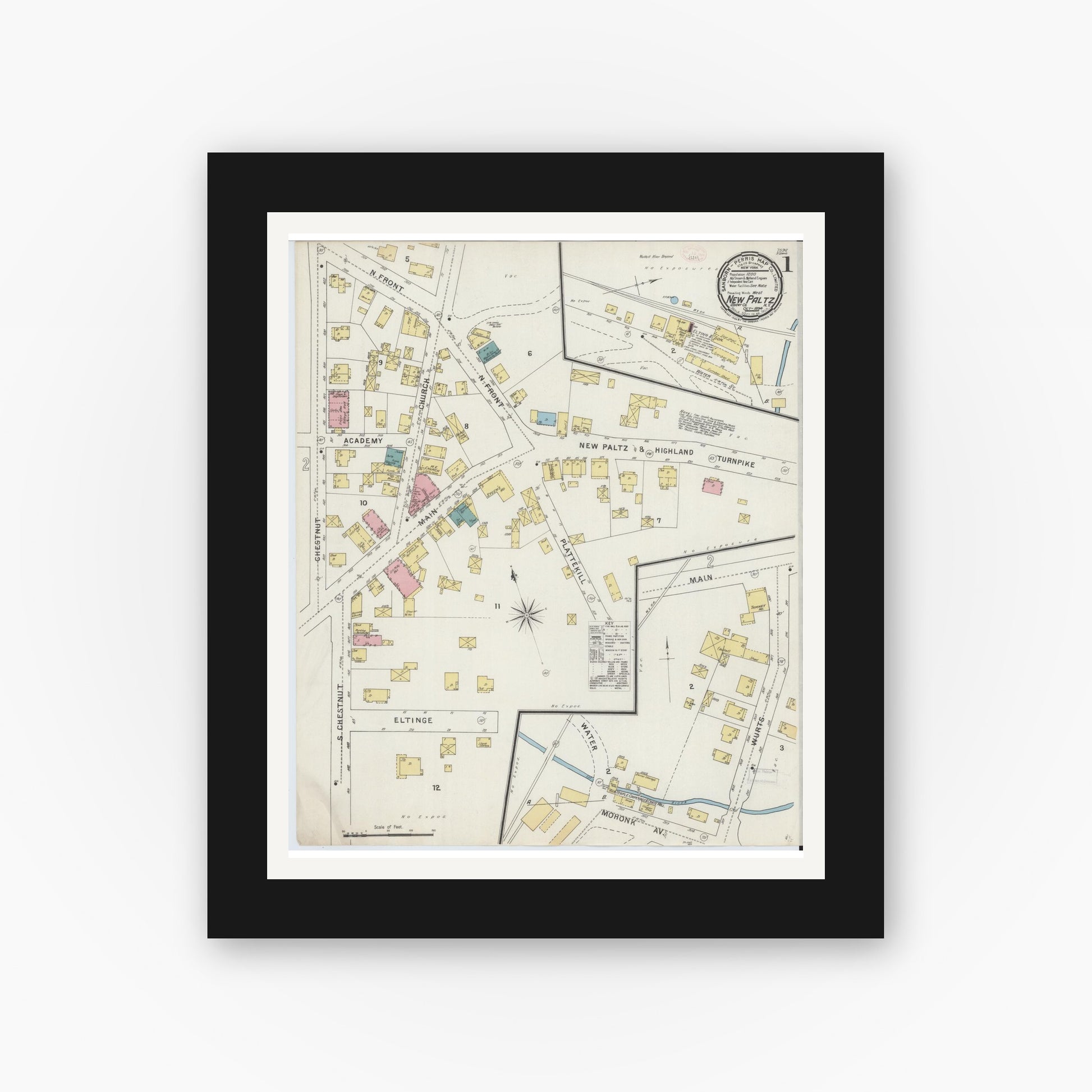 Old map wall art mockup — black gallery frame with white mat — Sanborn Fire Insurance Map from New Paltz, Ulster County, New York (1894), Sheet #0001