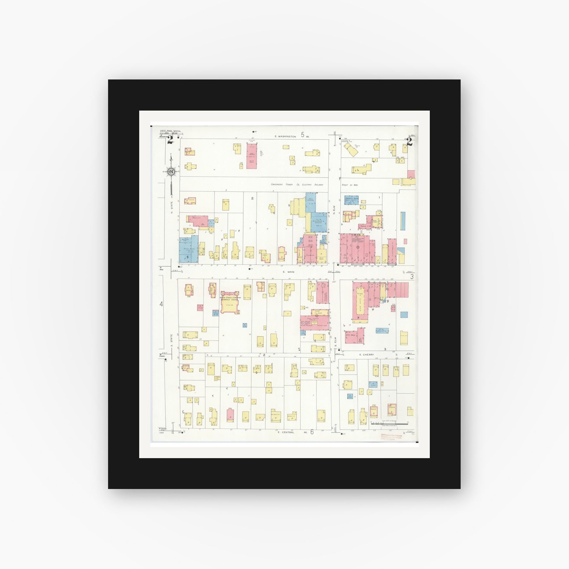Old map wall art mockup — black gallery frame with white mat — Sanborn Fire Insurance Map from Zeeland, Ottawa County, Michigan (1934), Sheet #0002