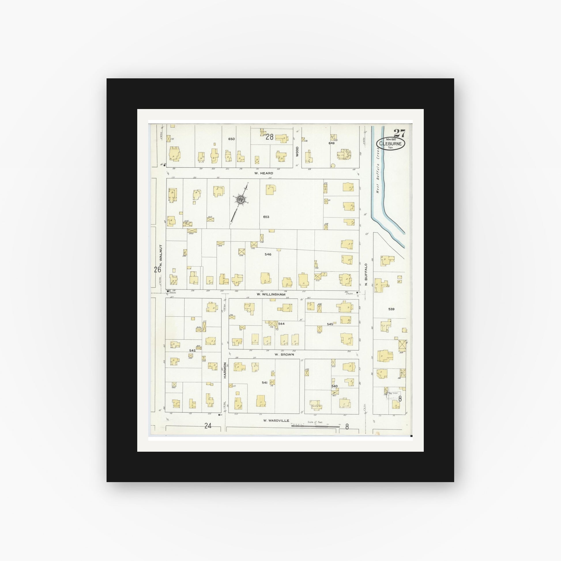 Old map wall art mockup — black gallery frame with white mat — Sanborn Fire Insurance Map from Cleburne, Johnson County, Texas (1910), Sheet #0027