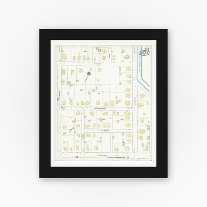 Old map wall art mockup — black gallery frame with white mat — Sanborn Fire Insurance Map from Cleburne, Johnson County, Texas (1910), Sheet #0027