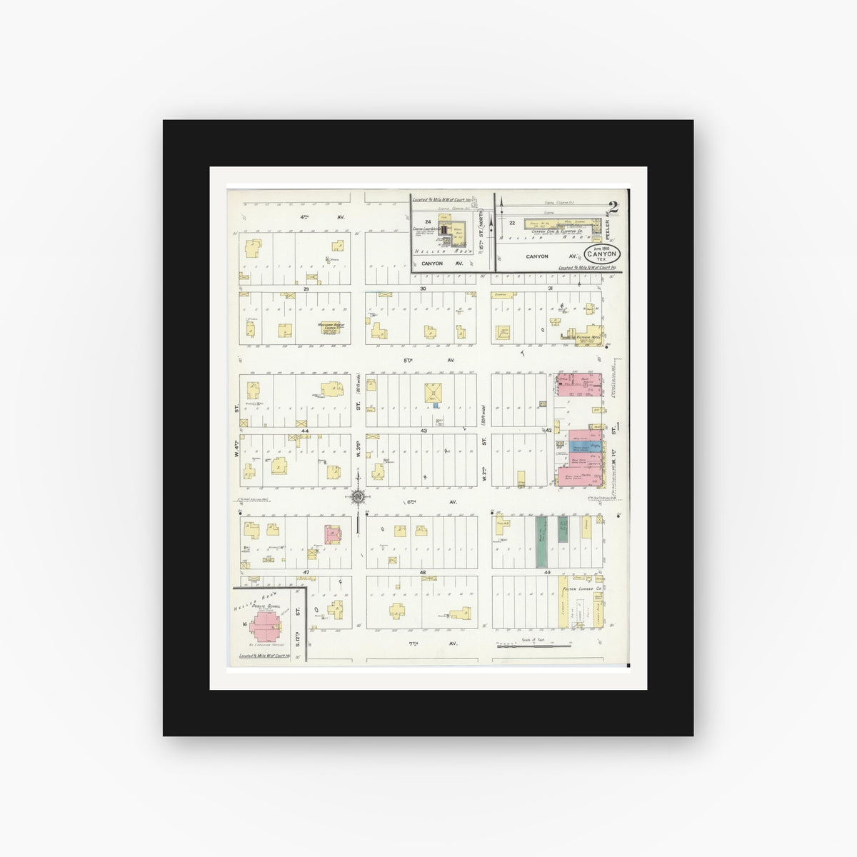 Old map wall art mockup — black gallery frame with white mat — Sanborn Fire Insurance Map from Canyon, Randall County, Texas (1910), Sheet #0002