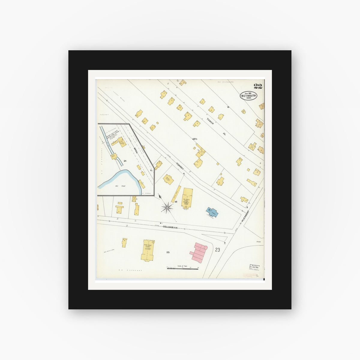 Old map wall art mockup — black gallery frame with white mat — Sanborn Fire Insurance Map from Weymouth, Norfolk County, Massachusetts (1904), Sheet #0022