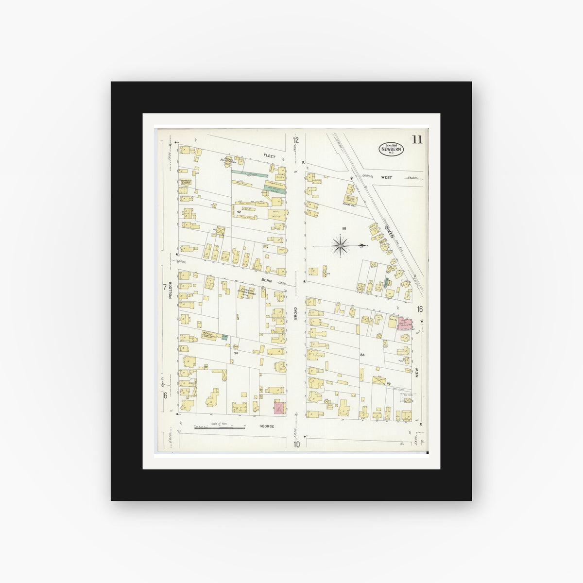 Old map wall art mockup — black gallery frame with white mat — Sanborn Fire Insurance Map from New Bern, Craven County, North Carolina (1908), Sheet #0011
