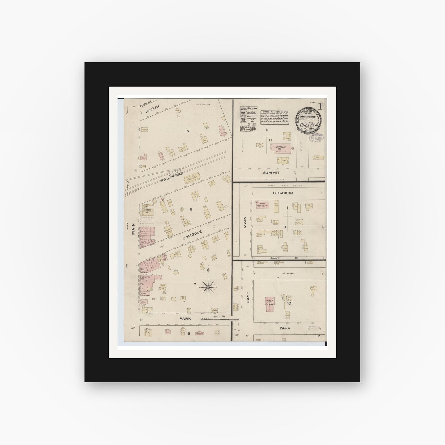 Old map wall art mockup — black gallery frame with white mat — Sanborn Fire Insurance Map from Chelsea, Washtenaw County, Michigan (1884) - Complete Map Set