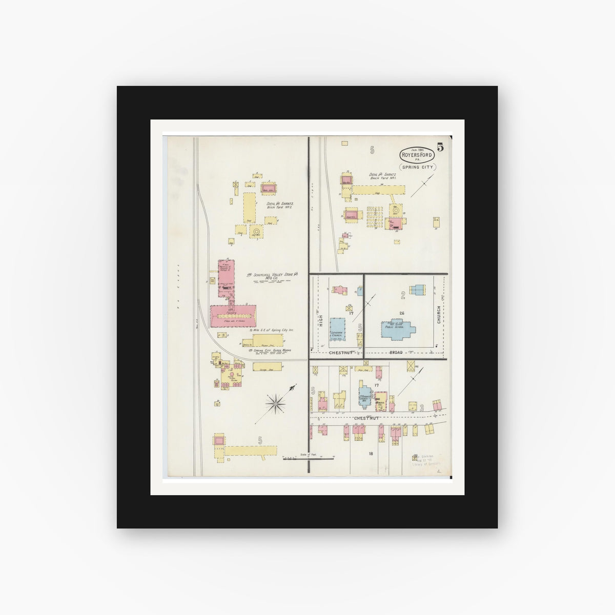 Old map wall art mockup — black gallery frame with white mat — Sanborn Fire Insurance Map from Royersford, Montgomery County, Pennsylvania (1895), Sheet #0005