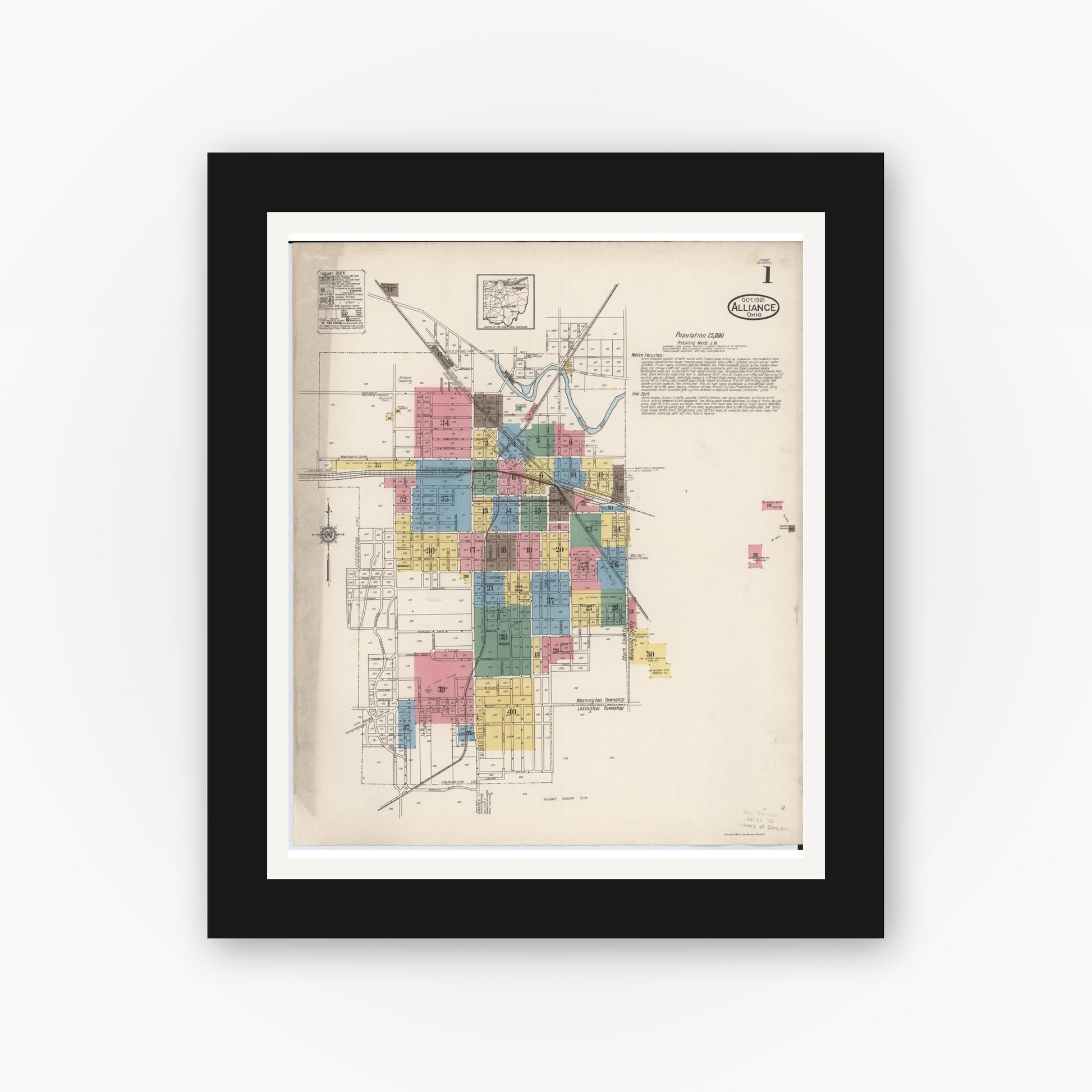 Old map wall art mockup — black gallery frame with white mat — Sanborn Fire Insurance Map from Alliance, Stark County, Ohio (1921), Sheet #0001