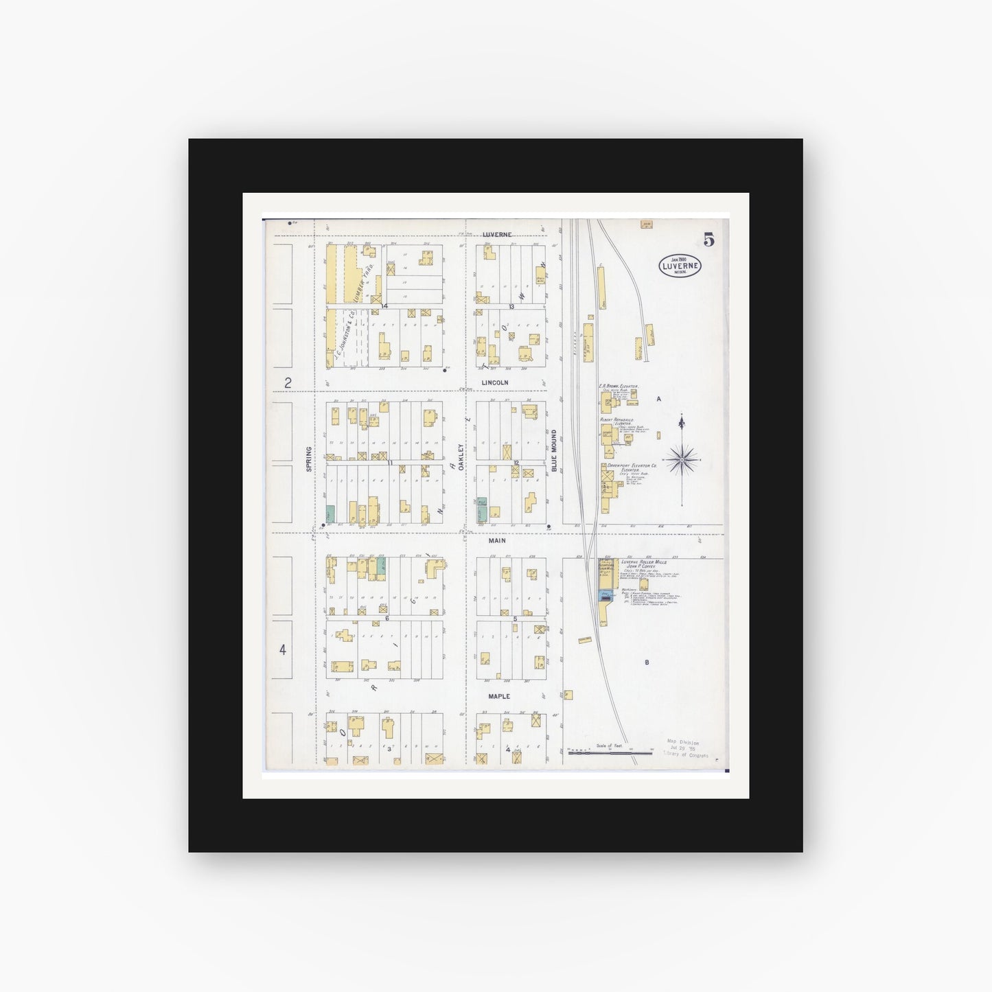 Old map wall art mockup — black gallery frame with white mat — Sanborn Fire Insurance Map from Luverne, Rock County, Minnesota (1900), Sheet #0005