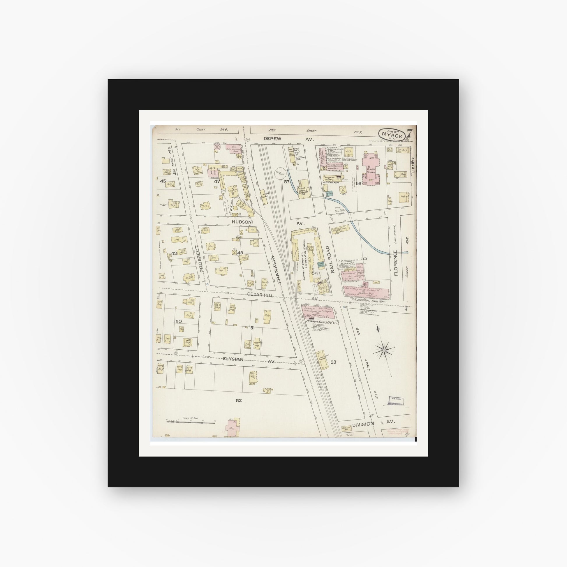Old map wall art mockup — black gallery frame with white mat — Sanborn Fire Insurance Map from Nyack, Rockland County, New York. (1887), Sheet #0007