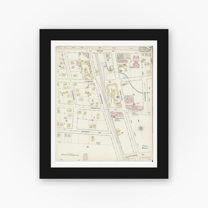Old map wall art mockup — black gallery frame with white mat — Sanborn Fire Insurance Map from Nyack, Rockland County, New York. (1887), Sheet #0007
