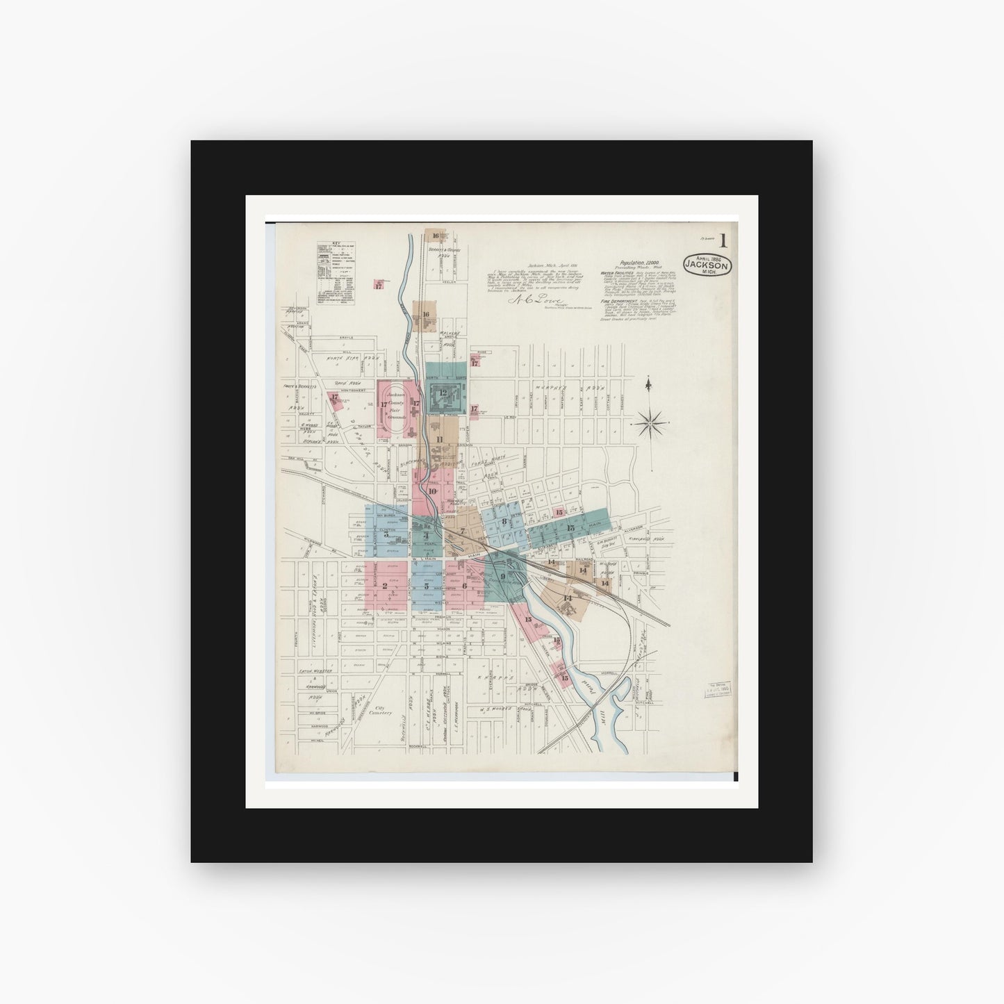 Old map wall art mockup — black gallery frame with white mat — Sanborn Fire Insurance Map from Jackson, Jackson County, Michigan (1886) - Complete Map Set