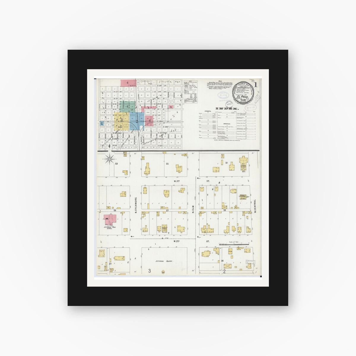Old map wall art mockup — black gallery frame with white mat — Sanborn Fire Insurance Map from El Paso, Woodford County, Illinois (1898) - Complete Map Set