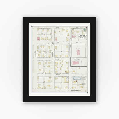 Old map wall art mockup — black gallery frame with white mat — Sanborn Fire Insurance Map from Gallatin, Daviess County, Missouri (1893), Sheet #0002