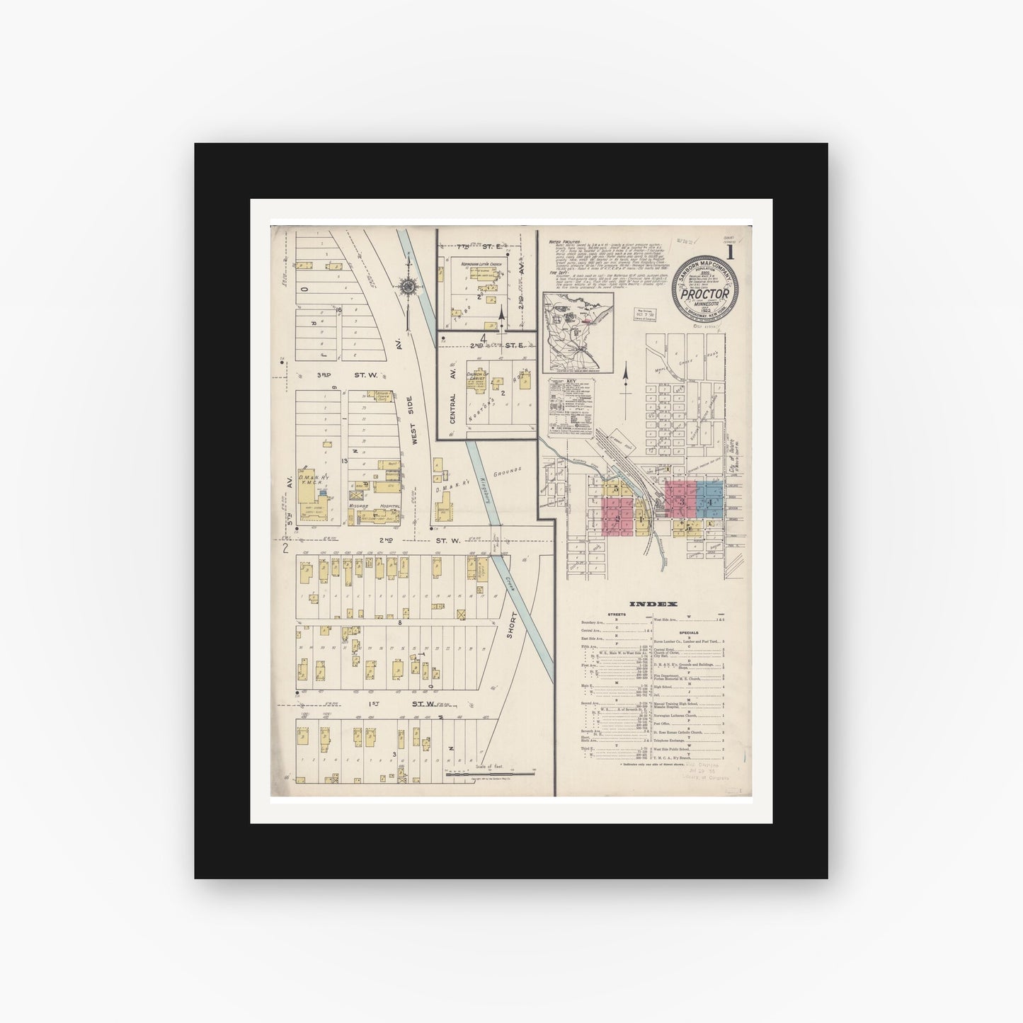 Old map wall art mockup — black gallery frame with white mat — Sanborn Fire Insurance Map from Proctor, Saint Louis County, Minnesota (1922), Sheet #0001