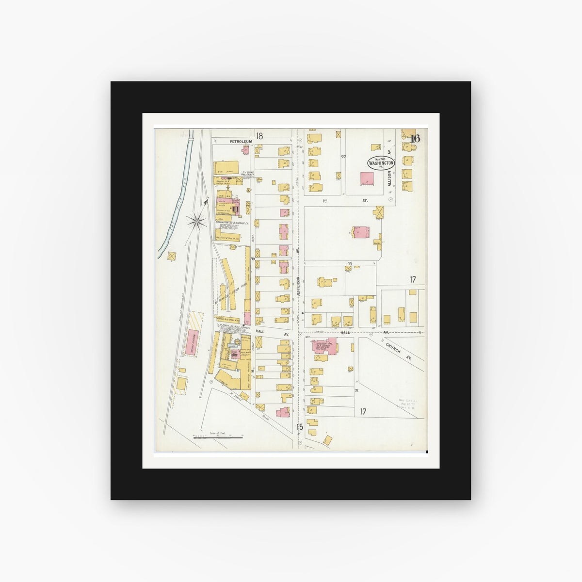 Old map wall art mockup — black gallery frame with white mat — Sanborn Fire Insurance Map from Washington, Washington County, Pennsylvania (1900), Sheet #0016