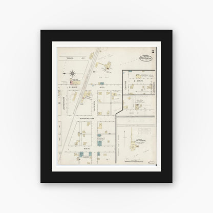 Old map wall art mockup — black gallery frame with white mat — Sanborn Fire Insurance Map from Bourbon, Marshall County, Indiana (1886), Sheet #0002