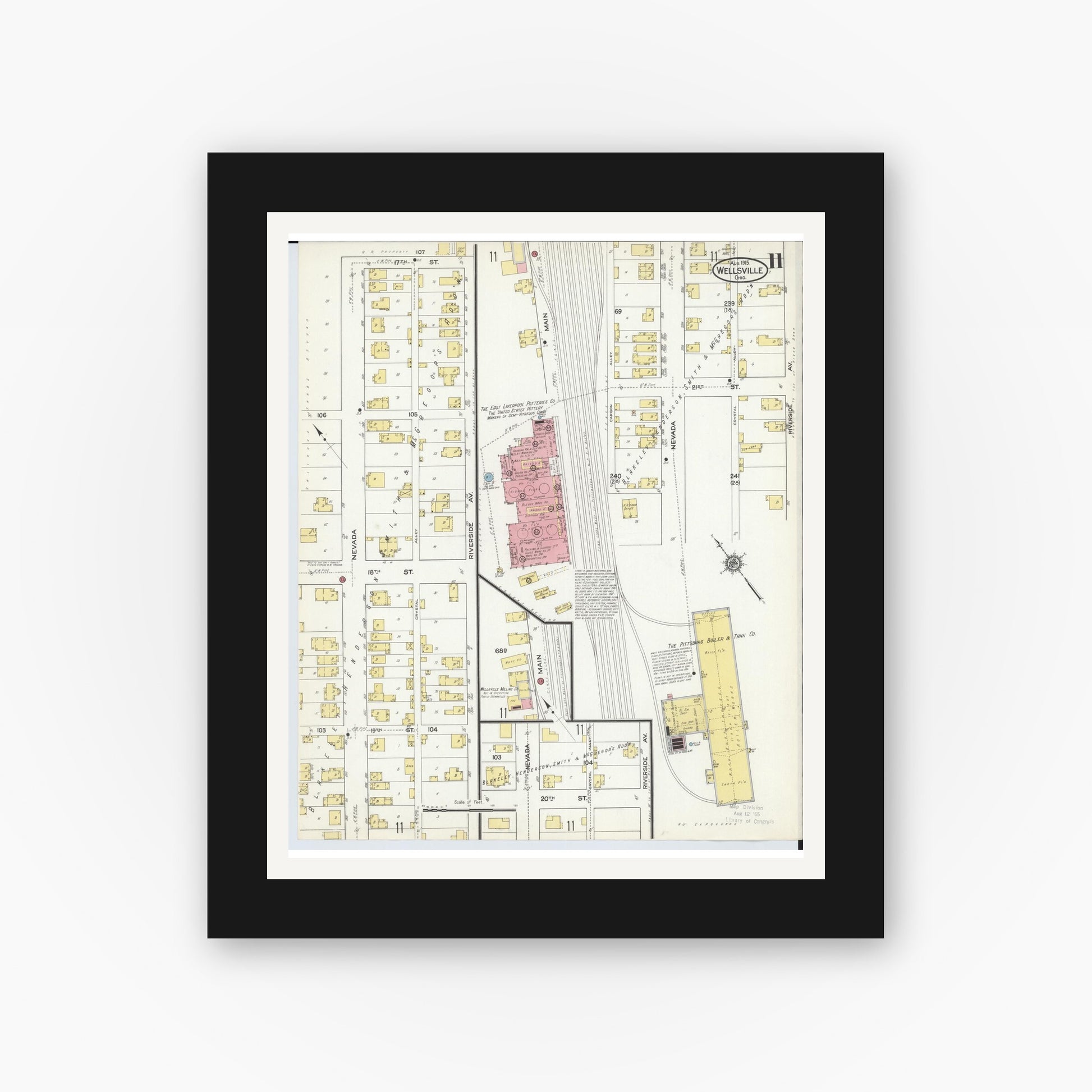 Old map wall art mockup — black gallery frame with white mat — Sanborn Fire Insurance Map from Wellsville, Columbiana County, Ohio (1915), Sheet #0011