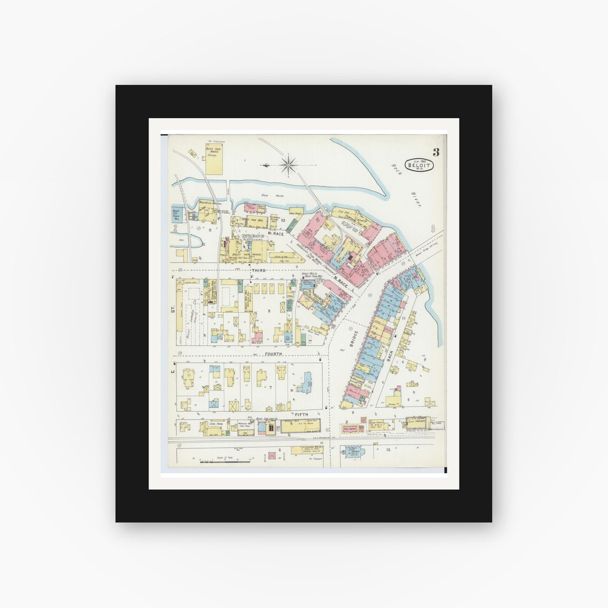Old map wall art mockup — black gallery frame with white mat — Sanborn Fire Insurance Map from Beloit, Rock County, Wisconsin (1895), Sheet #0003