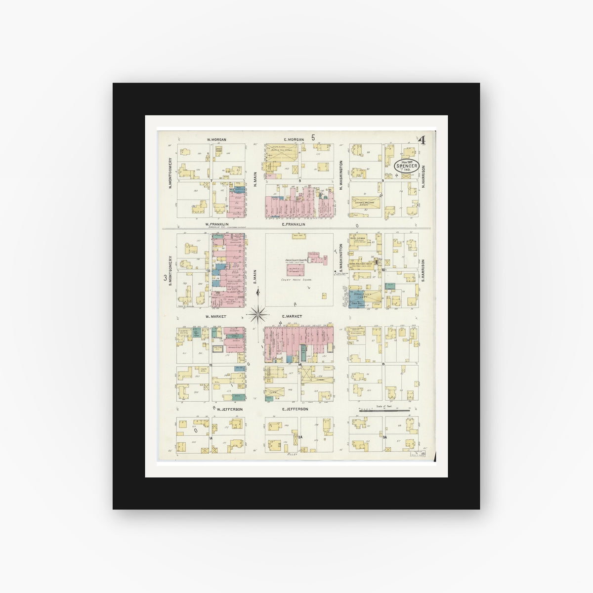 Old map wall art mockup — black gallery frame with white mat — Sanborn Fire Insurance Map from Spencer, Owen County, Indiana (1907), Sheet #0004