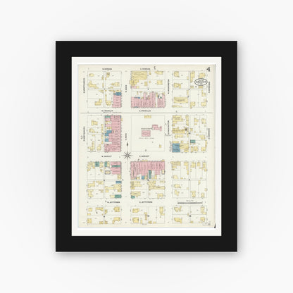 Old map wall art mockup — black gallery frame with white mat — Sanborn Fire Insurance Map from Spencer, Owen County, Indiana (1907), Sheet #0004