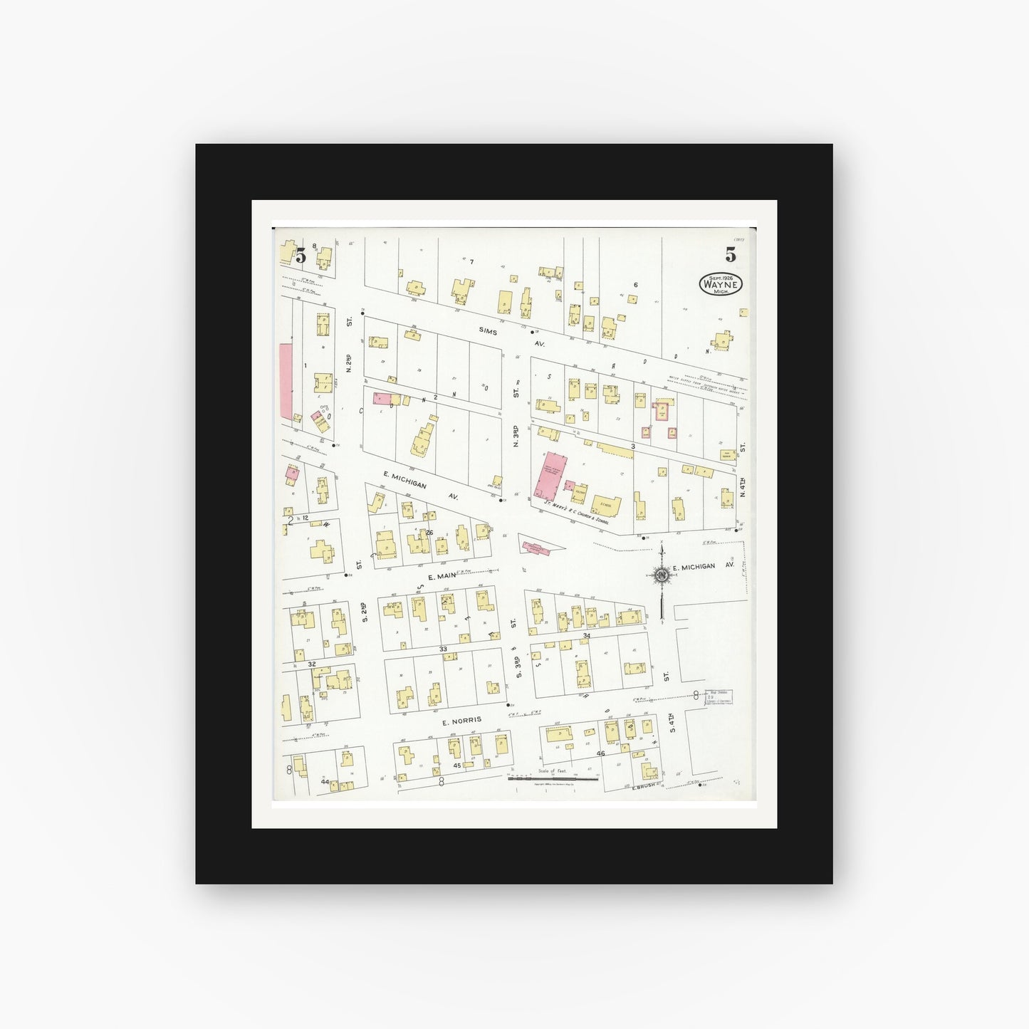 Old map wall art mockup — black gallery frame with white mat — Sanborn Fire Insurance Map from Wayne, Wayne County, Michigan (1926), Sheet #0005