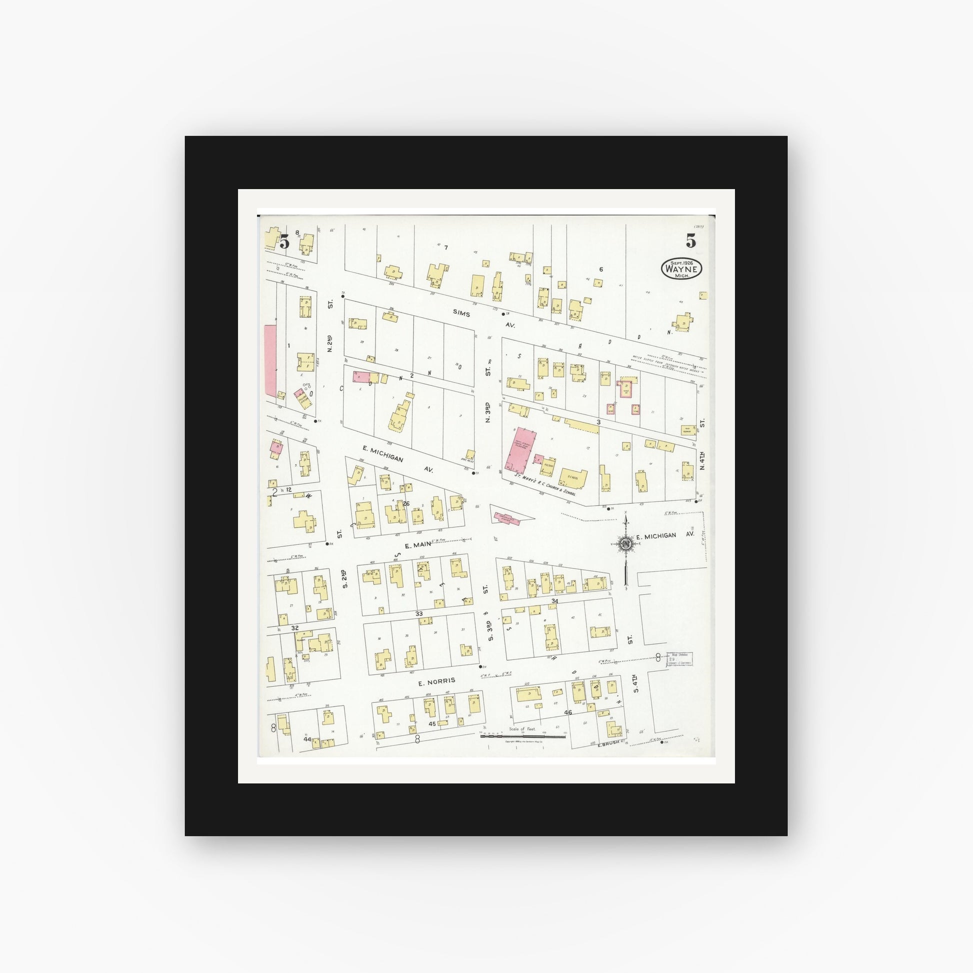 Old map wall art mockup — black gallery frame with white mat — Sanborn Fire Insurance Map from Wayne, Wayne County, Michigan (1926), Sheet #0005