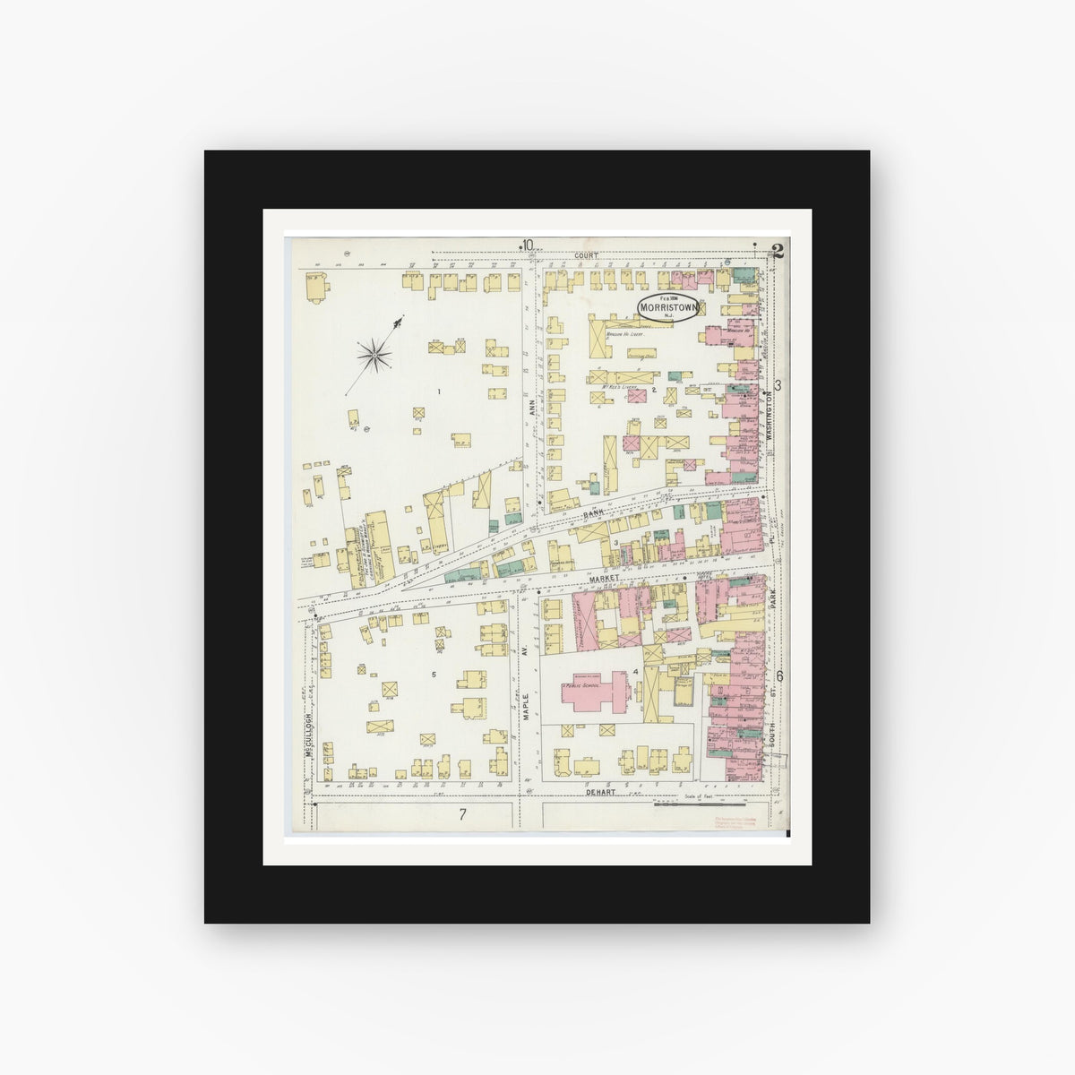 Old map wall art mockup — black gallery frame with white mat — Sanborn Fire Insurance Map from Morristown, Morris County, New Jersey (1896) - Complete Map Set