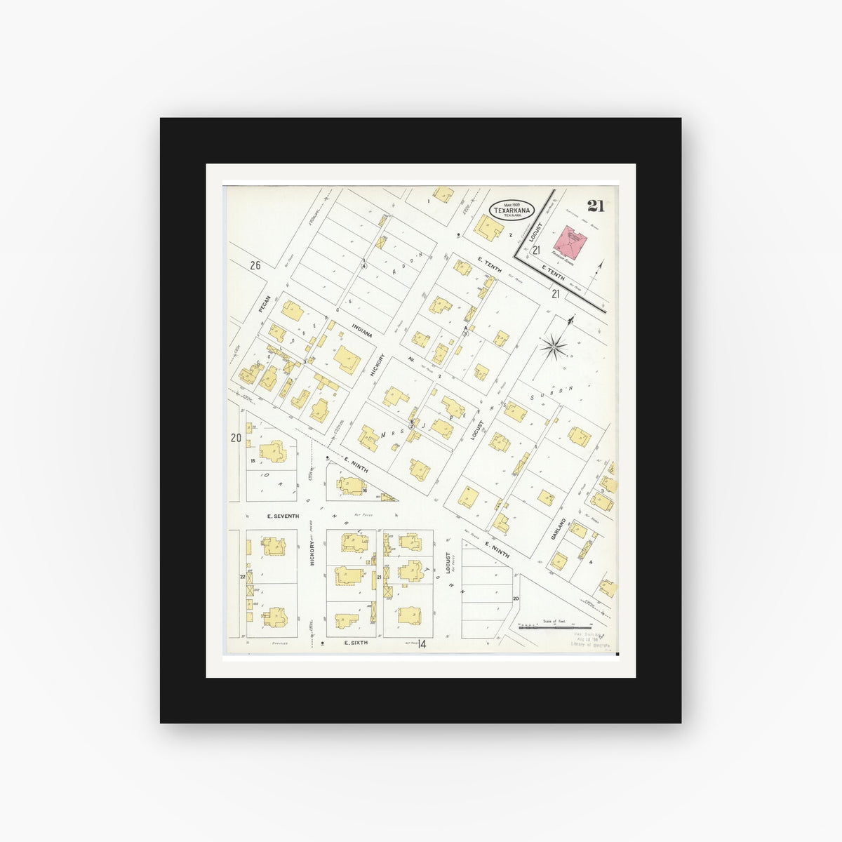 Old map wall art mockup — black gallery frame with white mat — Sanborn Fire Insurance Map from Texarkana, Bowie County, Texas (1909), Sheet #0021
