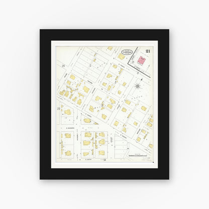 Old map wall art mockup — black gallery frame with white mat — Sanborn Fire Insurance Map from Texarkana, Bowie County, Texas (1909), Sheet #0021