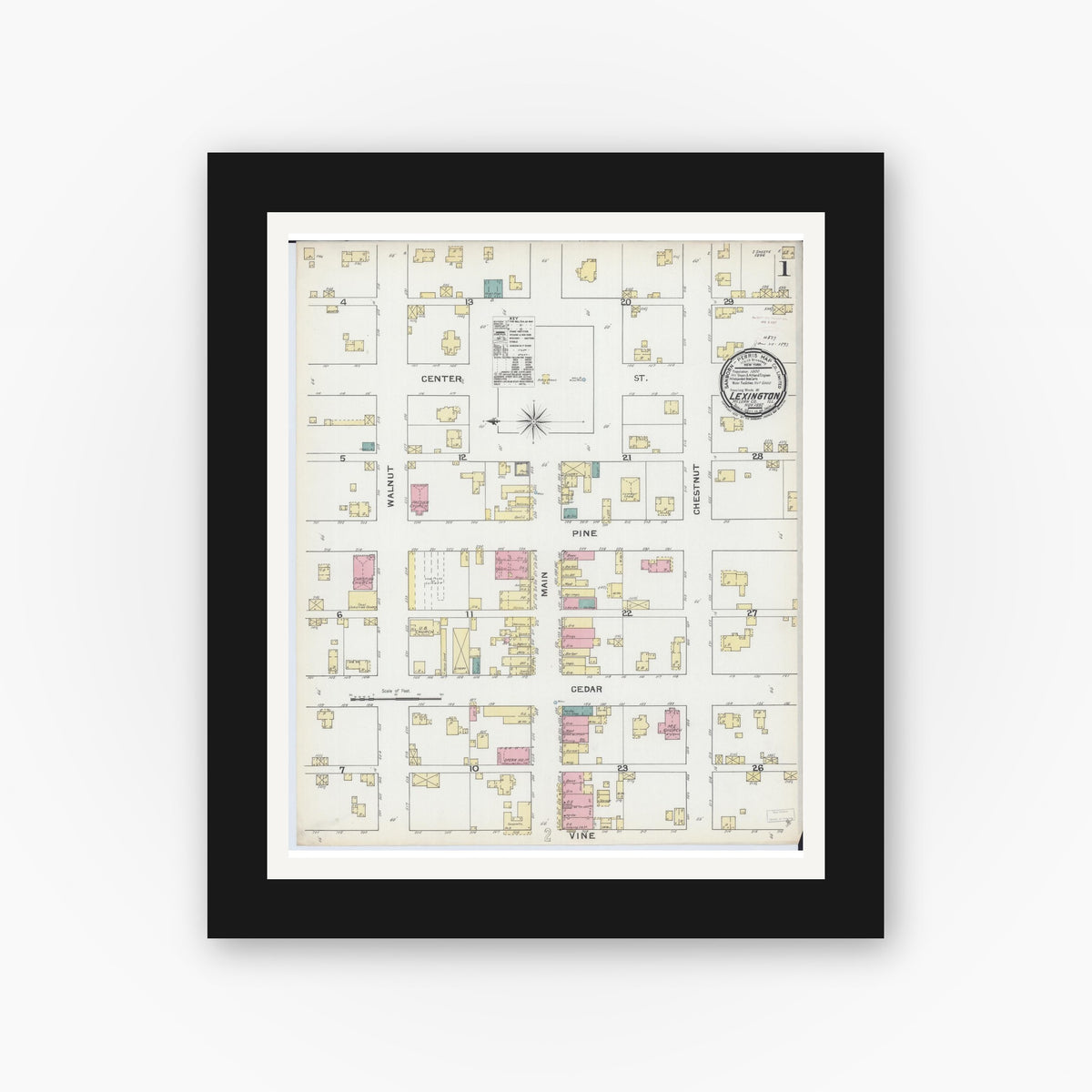 Old map wall art mockup — black gallery frame with white mat — Sanborn Fire Insurance Map from Lexington, McLean County, Illinois (1892) - Complete Map Set