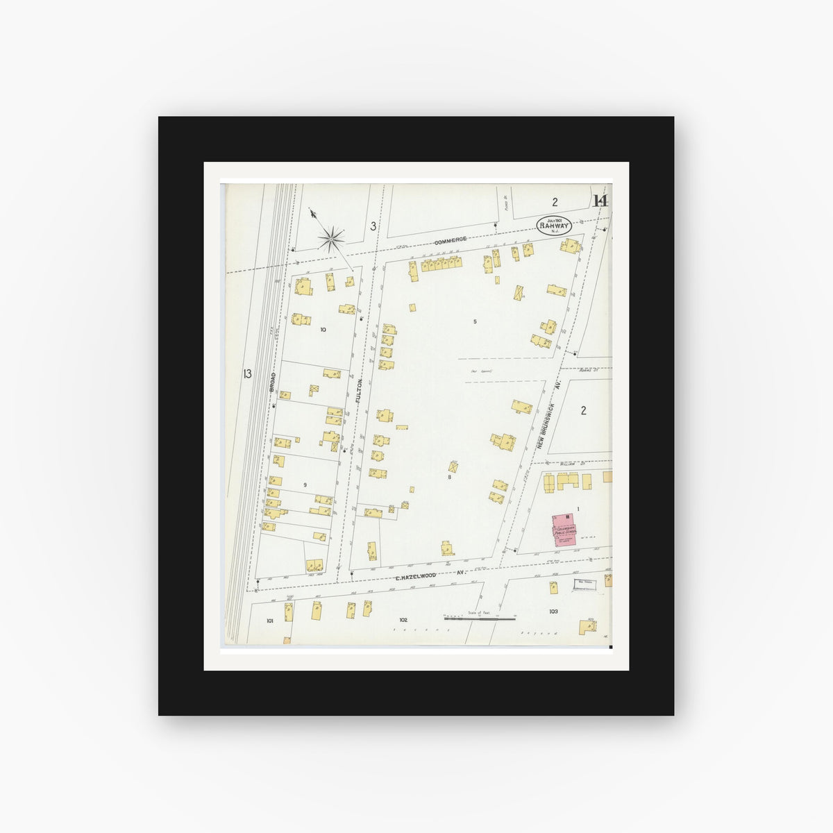 Old map wall art mockup — black gallery frame with white mat — Sanborn Fire Insurance Map from Rahway, Union County, New Jersey (1901), Sheet #0014