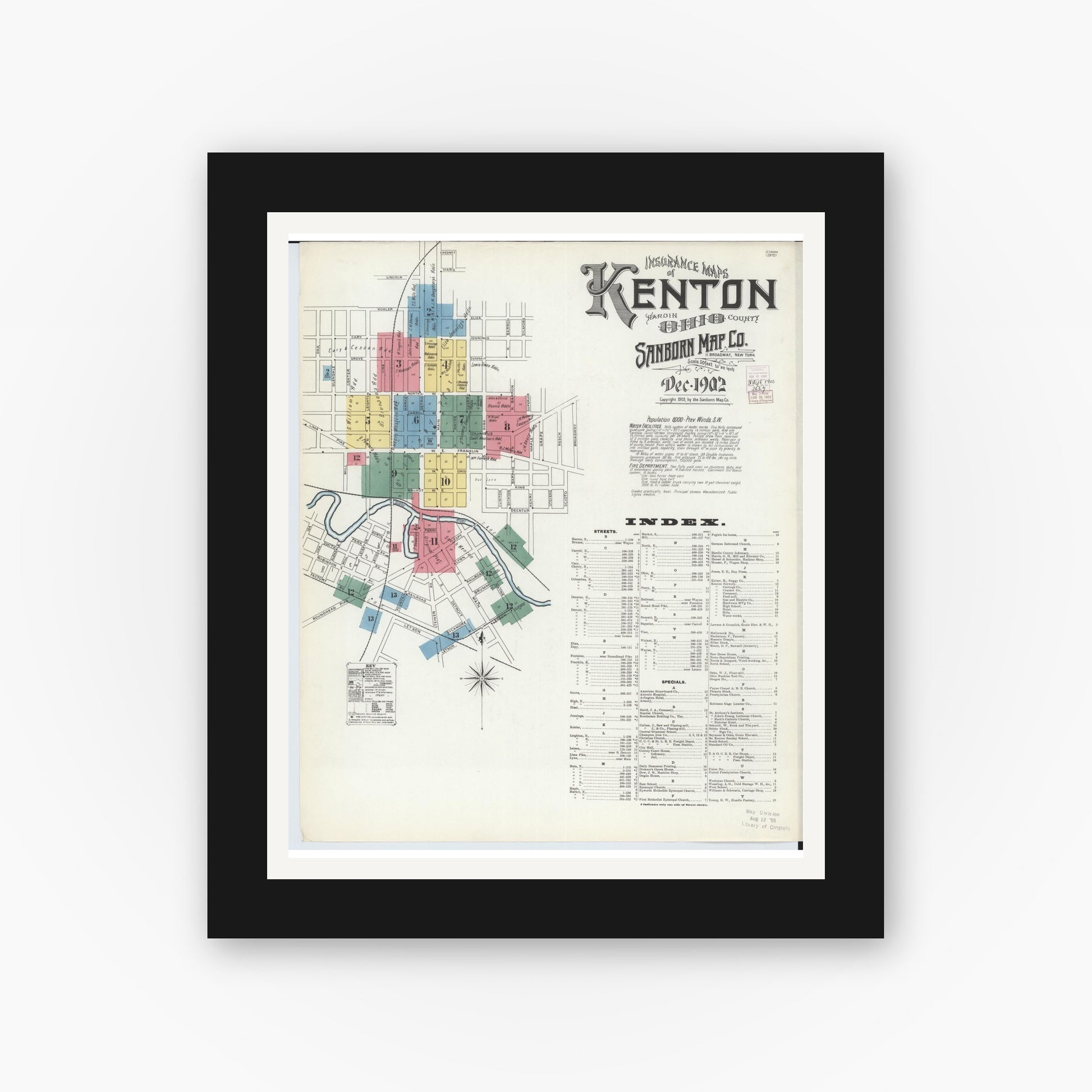 Old map wall art mockup — black gallery frame with white mat — Sanborn Fire Insurance Map from Kenton, Hardin County, Ohio (1902), Sheet #0001